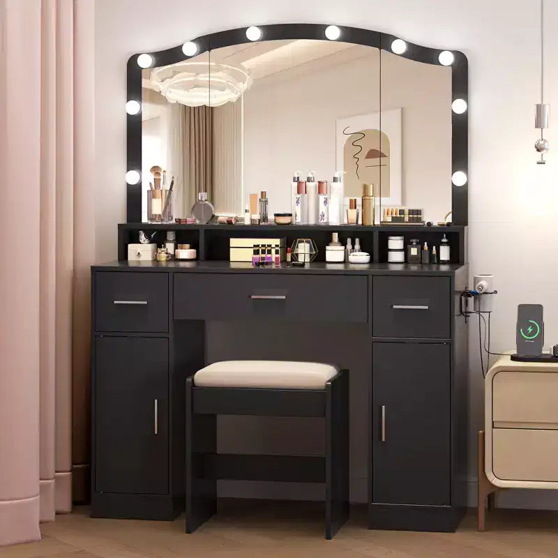 Coiffeuse, coiffeuse avec miroir et 9 ampoules LED, grands tiroirs et trois niveaux de rangement et d'étagères ouvertes pour chambre, blanc