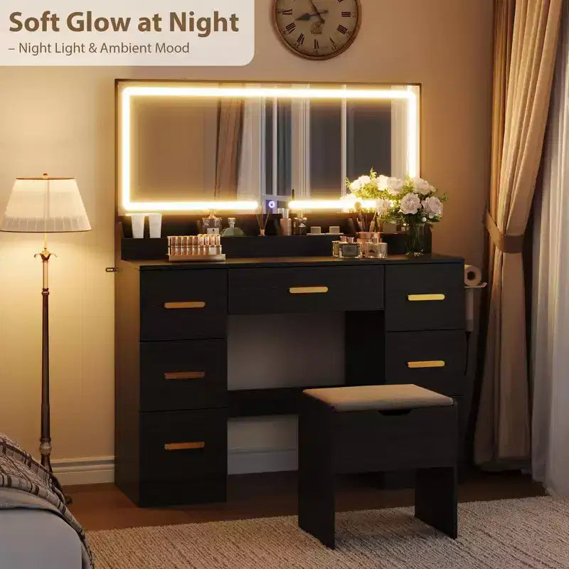 Coiffeuse, coiffeuse avec miroir et 9 ampoules LED, grands tiroirs et trois niveaux de rangement et d'étagères ouvertes pour chambre, blanc