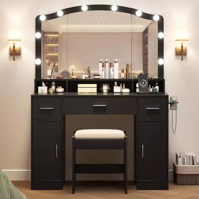 Vanity Desk, Makeup Vanity Desk with Mirror & 9 LED Light Bulbs, Large Drawers and Three Level Storage & Tiers of Open Shelves for Bedroom, White