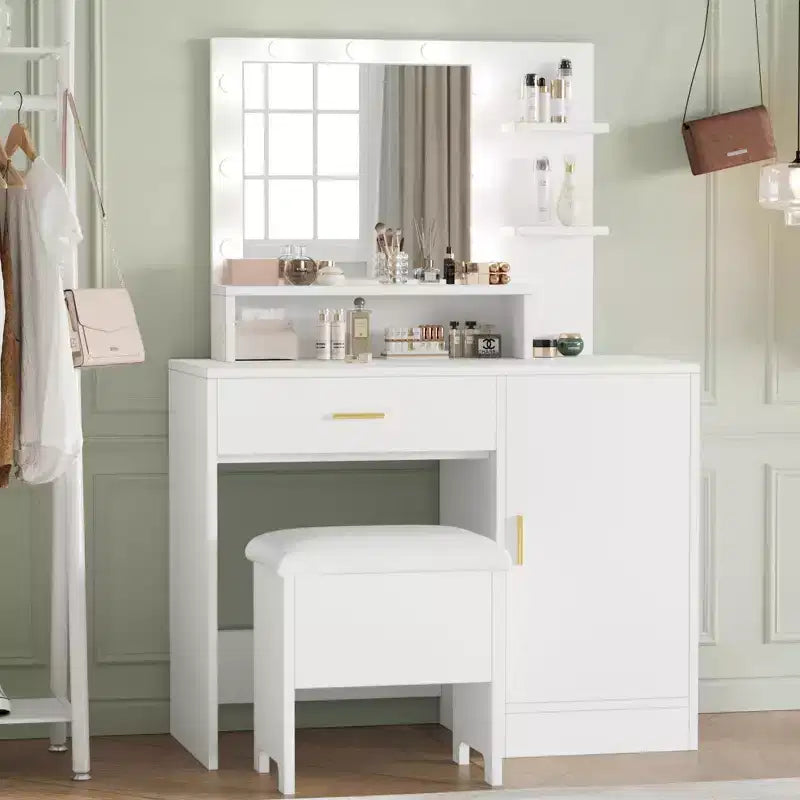 Coiffeuse, coiffeuse avec miroir et 9 ampoules LED, grands tiroirs et trois niveaux de rangement et d'étagères ouvertes pour chambre, blanc