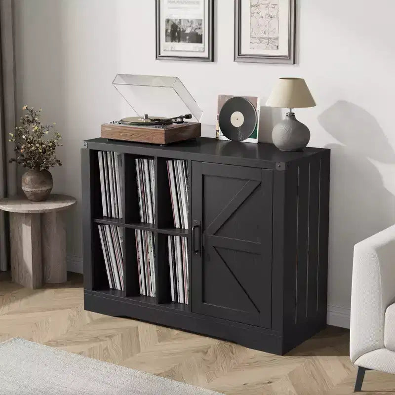 Modern Record Player Stand, Farmhouse Turntable Storage Cabinet with Barn Door, Wooden Vinyl Storage Console for Living Room, Black