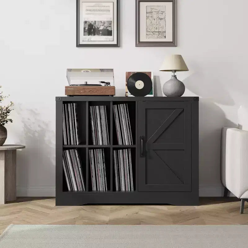 Meuble tour de disque moderne, meuble de rangement pour platine de style ferme avec porte coulissante, console de rangement pour vinyles en bois pour salon, noir