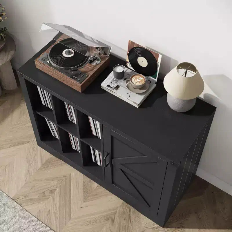 Meuble tour de disque moderne, meuble de rangement pour platine de style ferme avec porte coulissante, console de rangement pour vinyles en bois pour salon, noir