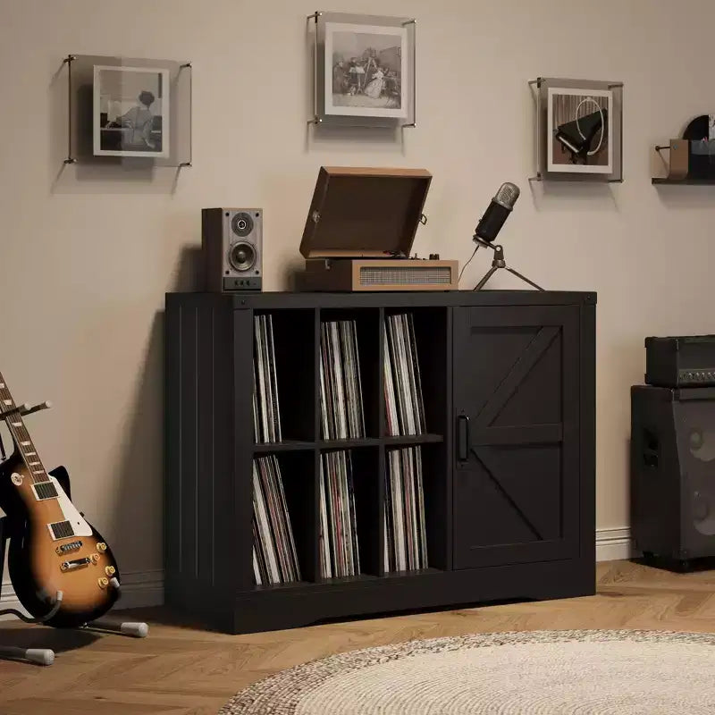 Meuble tour de disque moderne, meuble de rangement pour platine de style ferme avec porte coulissante, console de rangement pour vinyles en bois pour salon, noir