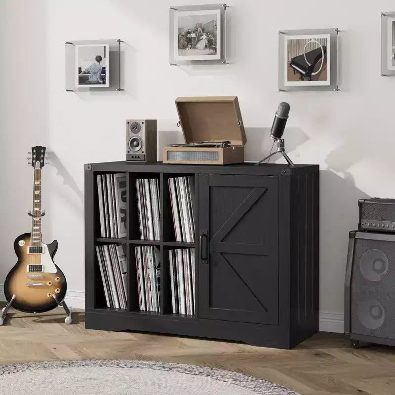 Meuble tour de disque moderne, meuble de rangement pour platine de style ferme avec porte coulissante, console de rangement pour vinyles en bois pour salon, noir