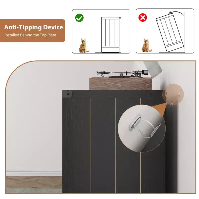 Meuble tour de disque moderne, meuble de rangement pour platine de style ferme avec porte coulissante, console de rangement pour vinyles en bois pour salon, noir