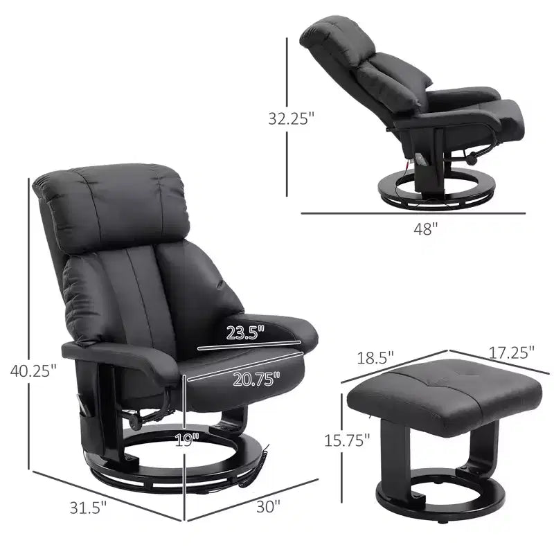 Fauteuil inclinable avec repose-pieds ottoman, fauteuil inclinable de massage vibrant avec revêtement en similicuir et base pivotante en bois pour salon et chambre à coucher