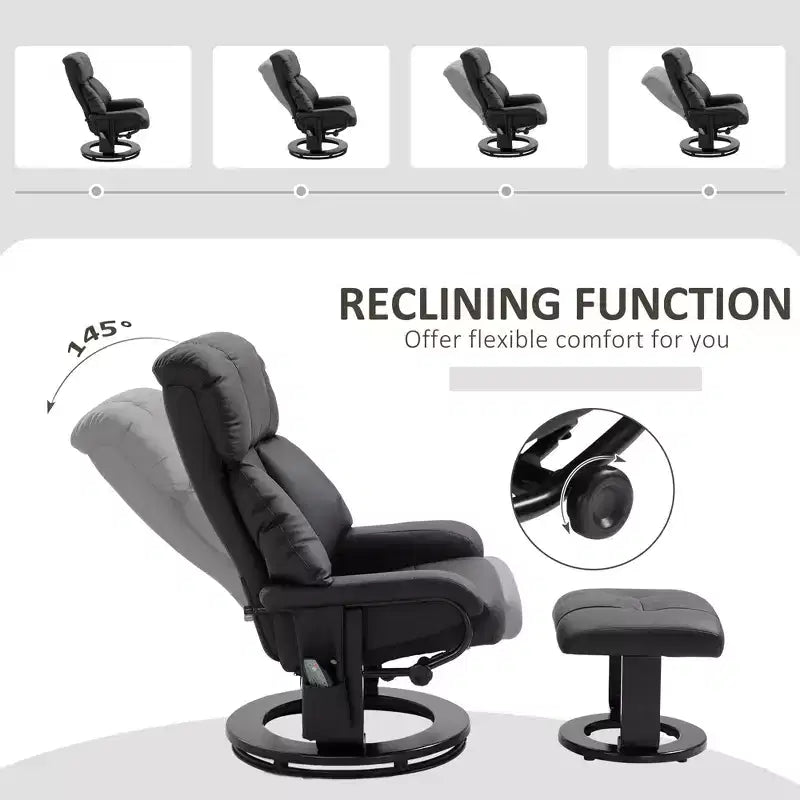 Fauteuil inclinable avec repose-pieds ottoman, fauteuil inclinable de massage vibrant avec revêtement en similicuir et base pivotante en bois pour salon et chambre à coucher