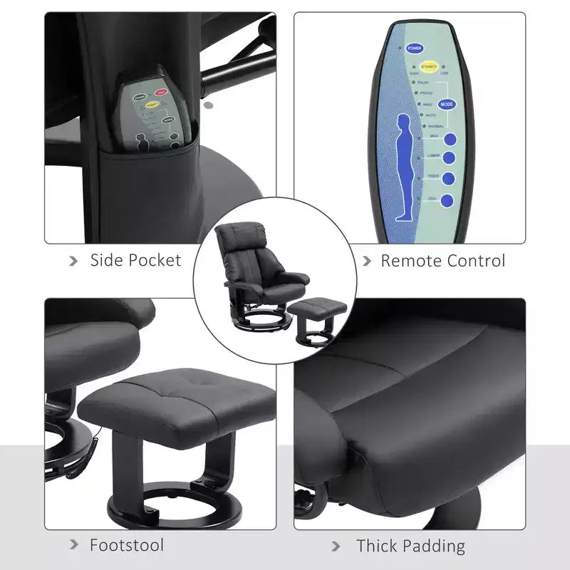 Fauteuil inclinable avec repose-pieds ottoman, fauteuil inclinable de massage vibrant avec revêtement en similicuir et base pivotante en bois pour salon et chambre à coucher
