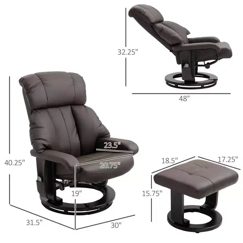 Fauteuil inclinable avec repose-pieds ottoman, fauteuil inclinable de massage vibrant avec revêtement en similicuir et base pivotante en bois pour salon et chambre à coucher