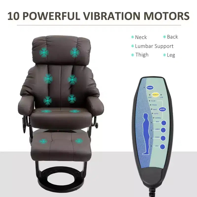 Fauteuil inclinable avec repose-pieds ottoman, fauteuil inclinable de massage vibrant avec revêtement en similicuir et base pivotante en bois pour salon et chambre à coucher