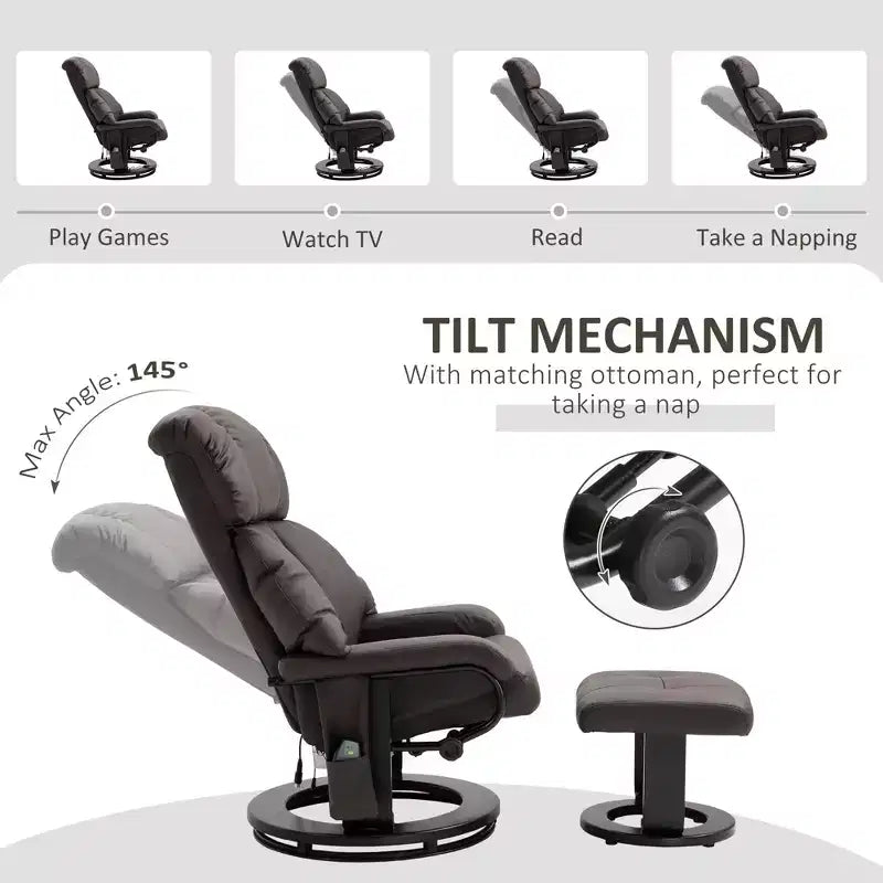 Fauteuil inclinable avec repose-pieds ottoman, fauteuil inclinable de massage vibrant avec revêtement en similicuir et base pivotante en bois pour salon et chambre à coucher