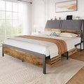 Metal Bed Frame with Charging Station, Vintage Brown Platform Bed with Drawers and Shelves, Ergonomic Upholstered Headboard