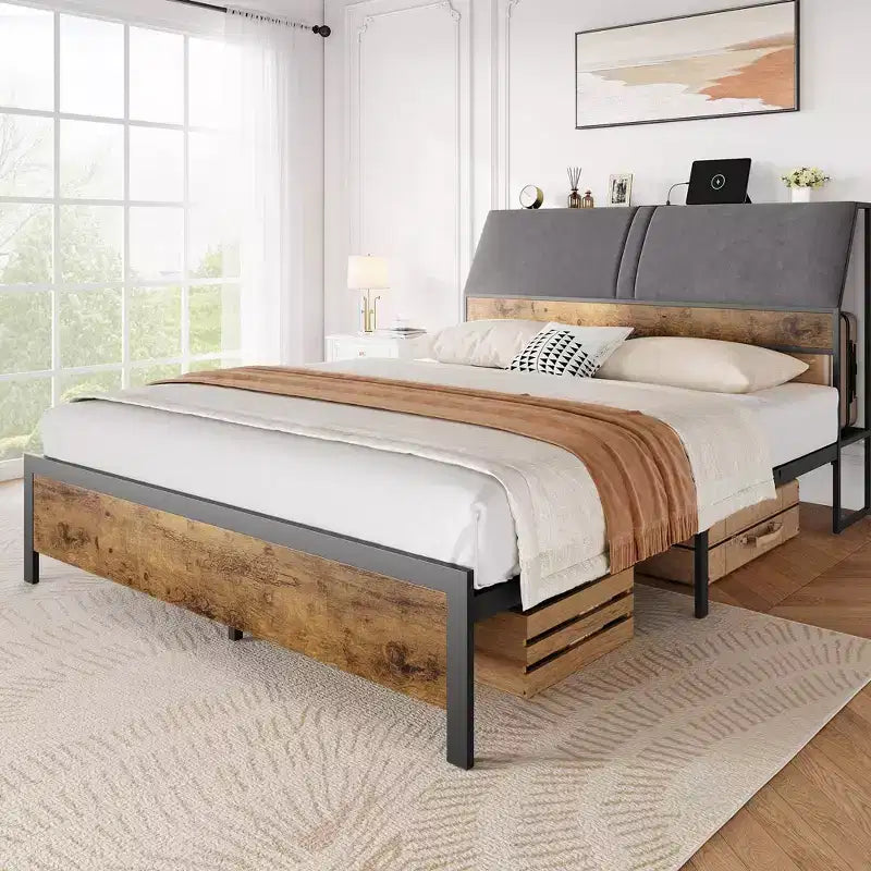 Metal Bed Frame with Charging Station, Vintage Brown Platform Bed with Drawers and Shelves, Ergonomic Upholstered Headboard