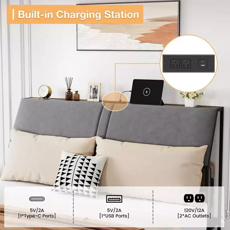 Cadre de lit en métal avec station de recharge, lit plateforme marron vintage avec tiroirs et étagères, tête de lit rembourrée ergonomique
