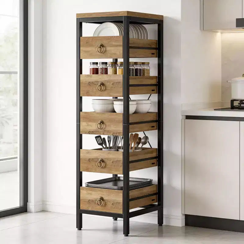 Commode de rangement décorative, Petite commode avec cadre en métal et tiroirs en bois massif, Commode multifonctionnelle pour cuisine, chambre à coucher, salon