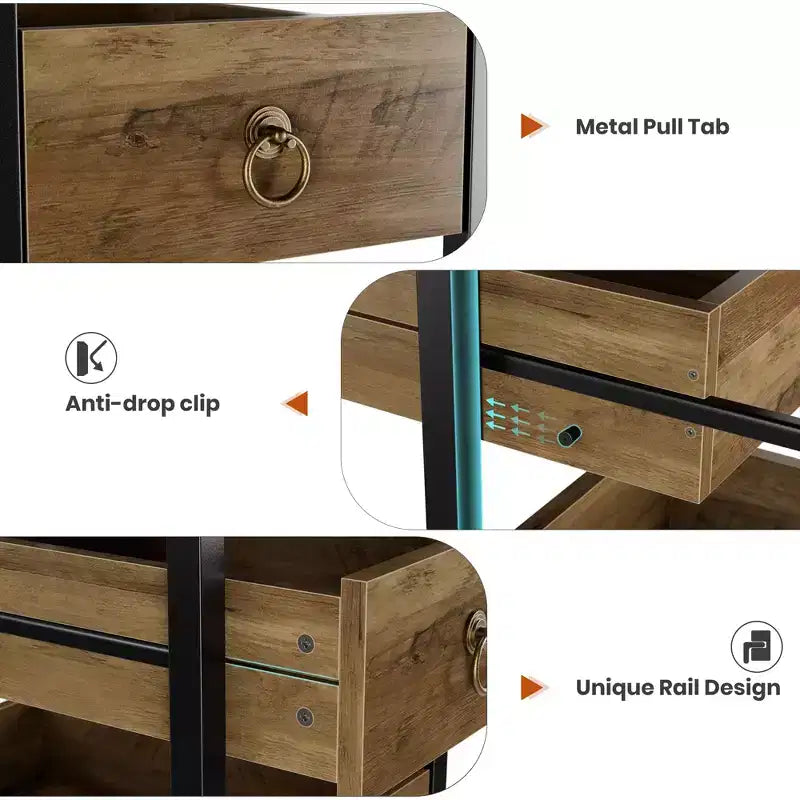 Commode de rangement décorative, Petite commode avec cadre en métal et tiroirs en bois massif, Commode multifonctionnelle pour cuisine, chambre à coucher, salon