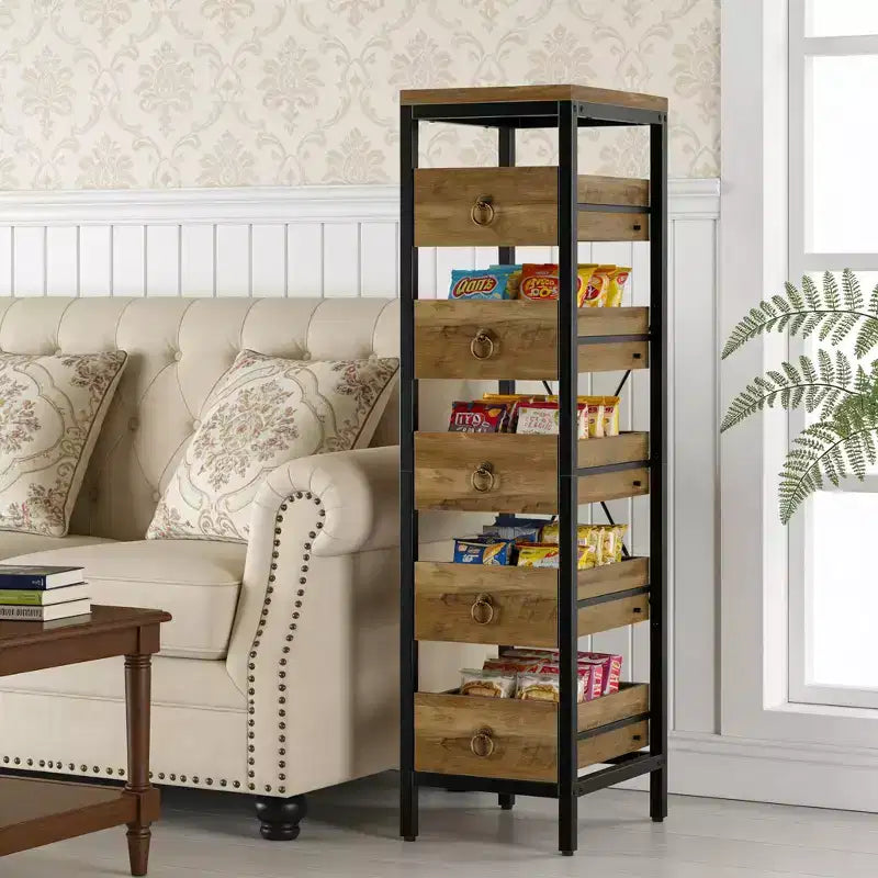 Commode de rangement décorative, Petite commode avec cadre en métal et tiroirs en bois massif, Commode multifonctionnelle pour cuisine, chambre à coucher, salon