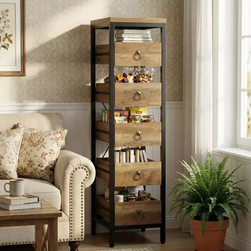 Commode de rangement décorative, Petite commode avec cadre en métal et tiroirs en bois massif, Commode multifonctionnelle pour cuisine, chambre à coucher, salon