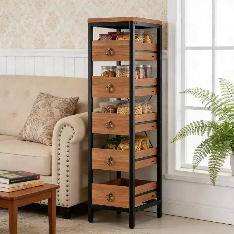 Commode de rangement décorative, Petite commode avec cadre en métal et tiroirs en bois massif, Commode multifonctionnelle pour cuisine, chambre à coucher, salon