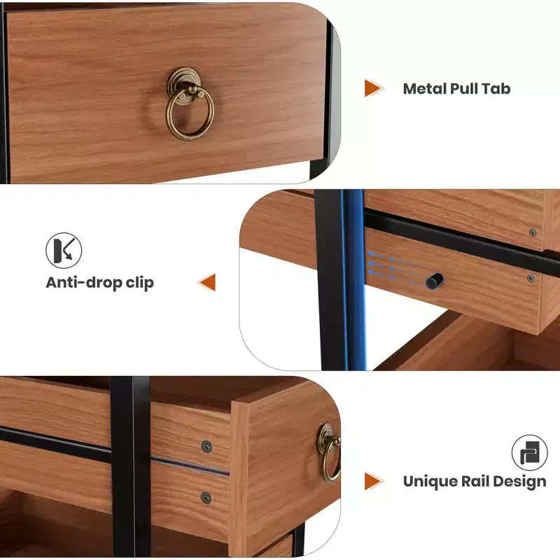 Commode de rangement décorative, Petite commode avec cadre en métal et tiroirs en bois massif, Commode multifonctionnelle pour cuisine, chambre à coucher, salon