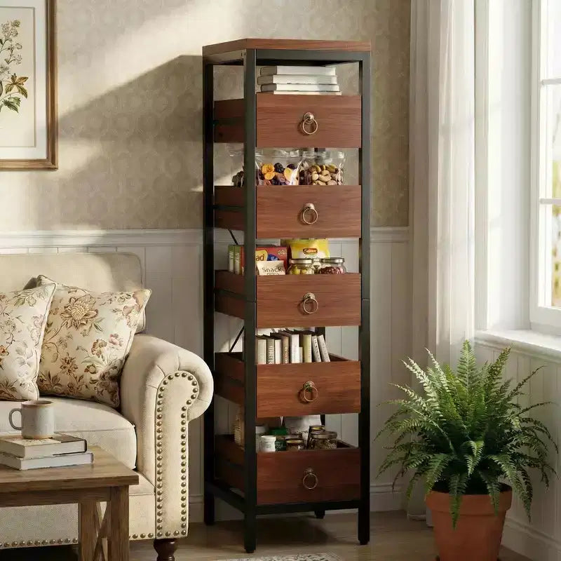 Commode de rangement décorative, Petite commode avec cadre en métal et tiroirs en bois massif, Commode multifonctionnelle pour cuisine, chambre à coucher, salon