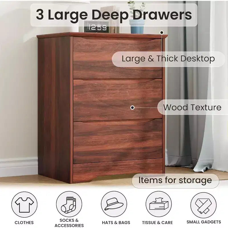 Commode en bois à 3 tiroirs, armoire moderne et haute avec grand espace de rangement, commode large pour chambre à coucher ou salon