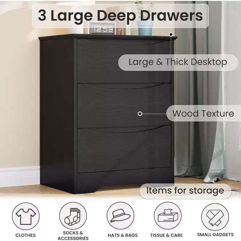 Commode en bois à 3 tiroirs, armoire moderne et haute avec grand espace de rangement, commode large pour chambre à coucher ou salon