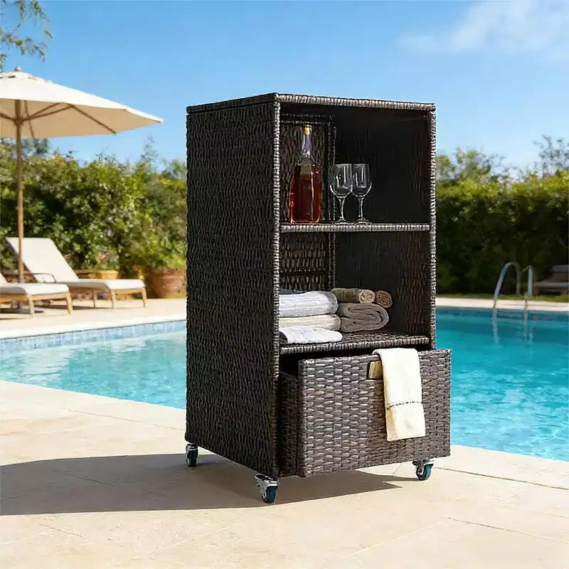 Outdoor Pool Towel Storage Cabinet Organizer Towel Valet Rack with Storage Shelves & Drawer Patio Wicker Pool Towel Holder