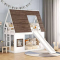 Whisen Twin House Bunk Bed Frame with Roof, Window, Guardrails & Built-in Ladder(Upgraded) - White & Brown