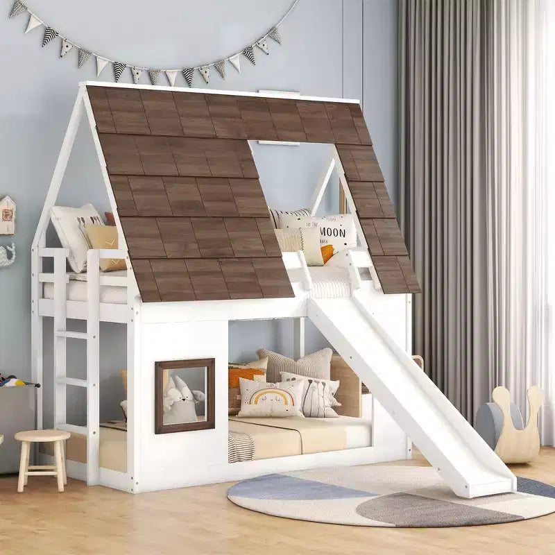Whisen Twin House Bunk Bed Frame with Roof, Window, Guardrails & Built-in Ladder(Upgraded) - White & Brown