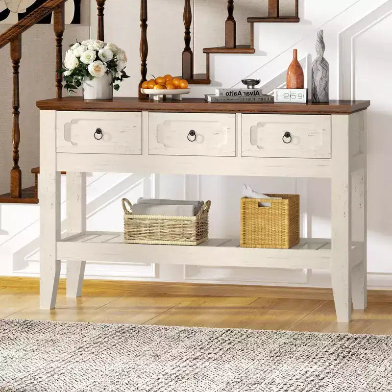 47in Long Console Table, Farmhouse Narrow Entryway Sofa Table with Drawers and Bottom Shel for Living Room Entrance Foyer, Rustic White
