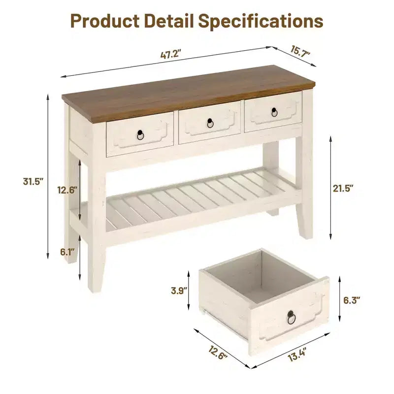 Console de 47 po de long, table de canapé étroite de style ferme avec tiroirs et étagère inférieure pour entrée de salon, blanc rustique