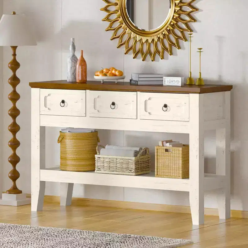 Console de 47 po de long, table de canapé étroite de style ferme avec tiroirs et étagère inférieure pour entrée de salon, blanc rustique