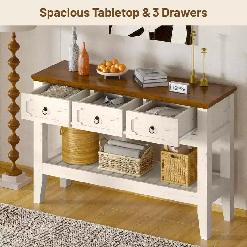 Console de 47 po de long, table de canapé étroite de style ferme avec tiroirs et étagère inférieure pour entrée de salon, blanc rustique