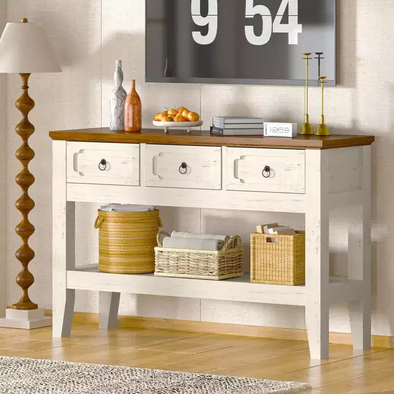 Console de 47 po de long, table de canapé étroite de style ferme avec tiroirs et étagère inférieure pour entrée de salon, blanc rustique