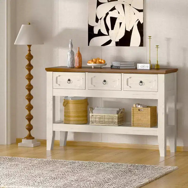 Console de 47 po de long, table de canapé étroite de style ferme avec tiroirs et étagère inférieure pour entrée de salon, blanc rustique