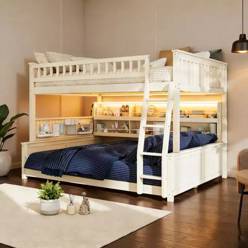 Luxystar Full Xl Over Queen Low Bunk Bed With Built In Lighted Shelves And Pegboard