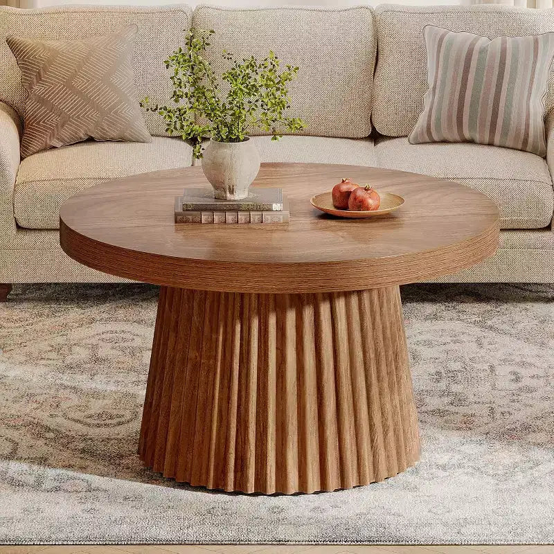 31,5 Tables basses rondes avec base cylindrique cannelée, table d'appoint de style rustique pour salon, appartement, petit espace