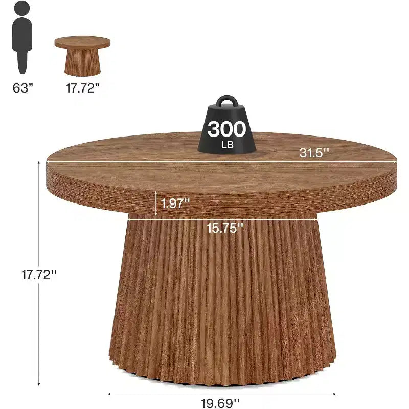 31,5 Tables basses rondes avec base cylindrique cannelée, table d'appoint de style rustique pour salon, appartement, petit espace