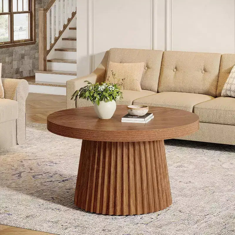31,5 Tables basses rondes avec base cylindrique cannelée, table d'appoint de style rustique pour salon, appartement, petit espace