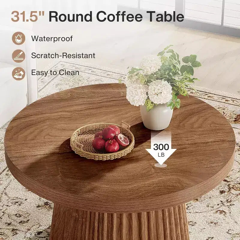 31,5 Tables basses rondes avec base cylindrique cannelée, table d'appoint de style rustique pour salon, appartement, petit espace