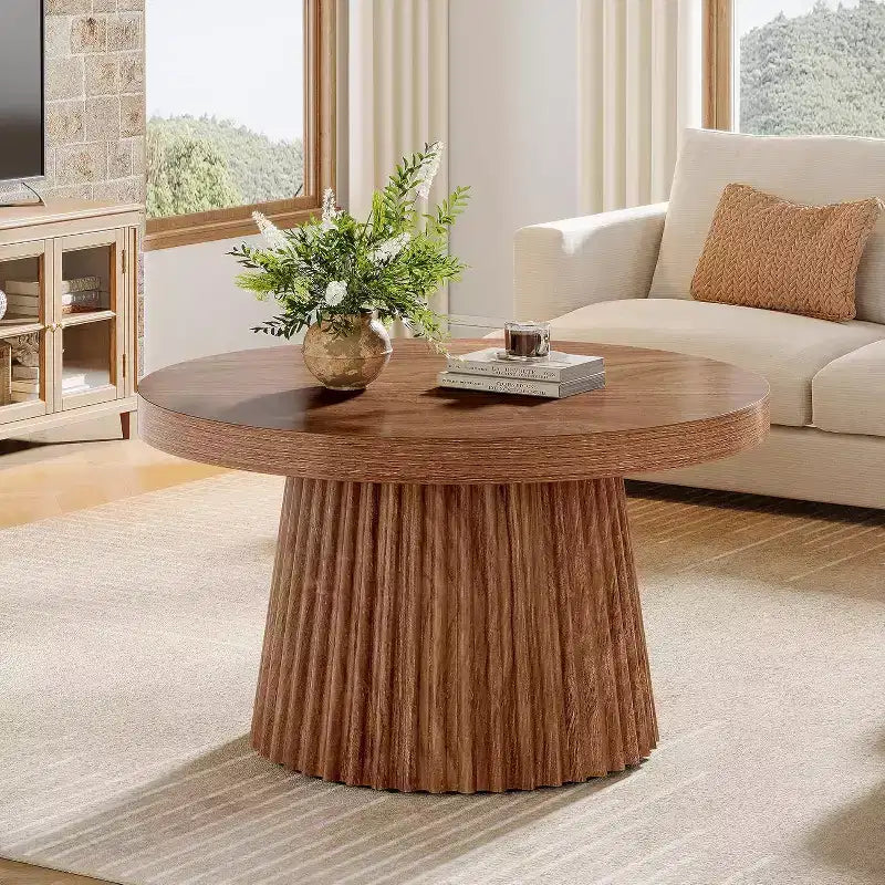 31,5 Tables basses rondes avec base cylindrique cannelée, table d'appoint de style rustique pour salon, appartement, petit espace
