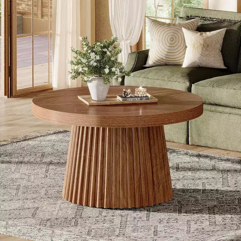 31,5 Tables basses rondes avec base cylindrique cannelée, table d'appoint de style rustique pour salon, appartement, petit espace