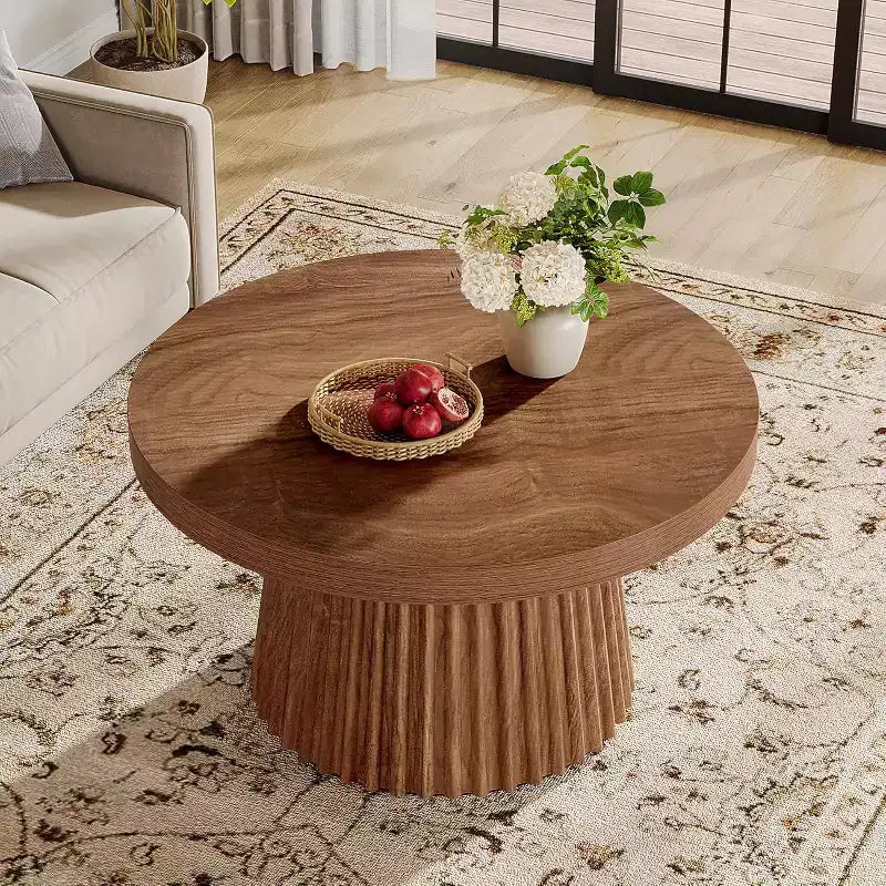 31,5 Tables basses rondes avec base cylindrique cannelée, table d'appoint de style rustique pour salon, appartement, petit espace