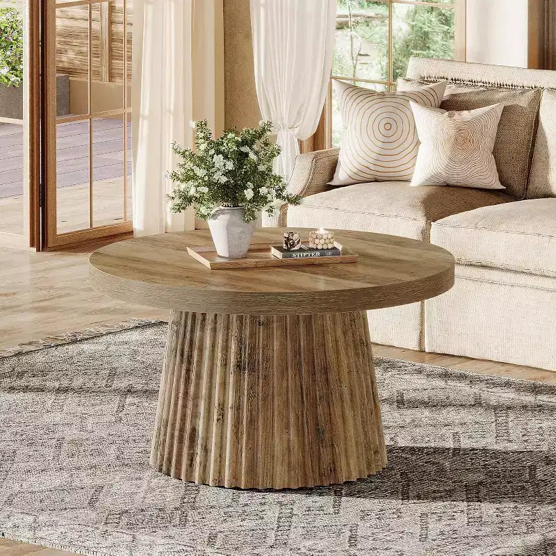 31,5 Tables basses rondes avec base cylindrique cannelée, table d'appoint de style rustique pour salon, appartement, petit espace