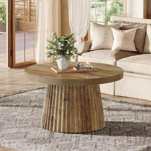 31,5 Tables basses rondes avec base cylindrique cannelée, table d'appoint de style rustique pour salon, appartement, petit espace