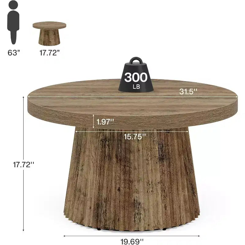 31,5 Tables basses rondes avec base cylindrique cannelée, table d'appoint de style rustique pour salon, appartement, petit espace