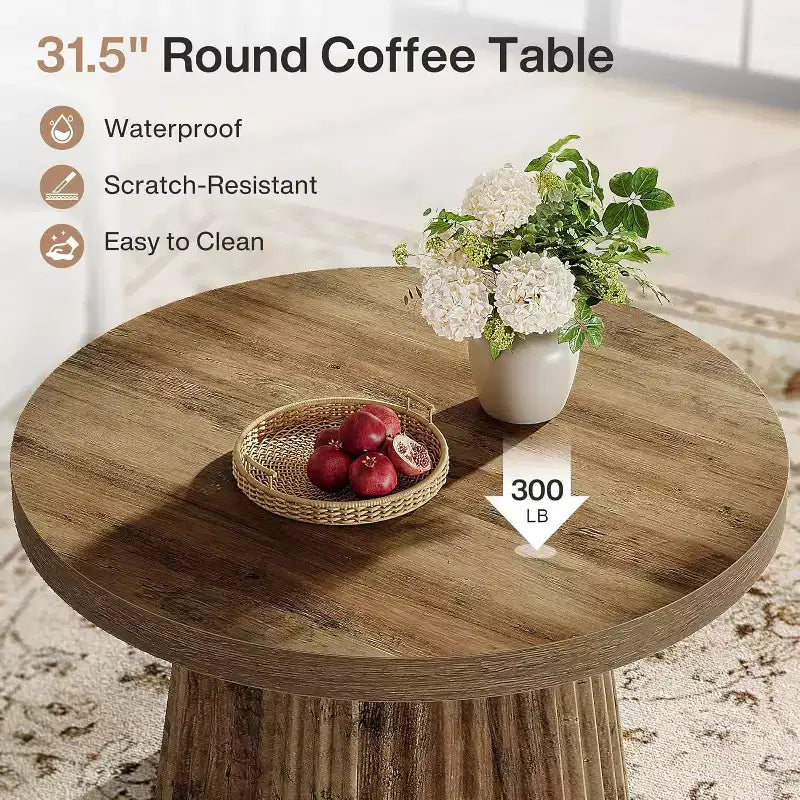 31,5 Tables basses rondes avec base cylindrique cannelée, table d'appoint de style rustique pour salon, appartement, petit espace