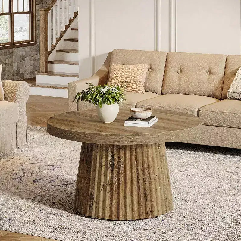 31,5 Tables basses rondes avec base cylindrique cannelée, table d'appoint de style rustique pour salon, appartement, petit espace
